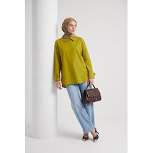 Armine Trend Klasik Yaka Gizli Patlı Oversize Gömlek Yağ Yeşili 26yt304