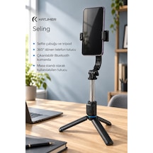 C01 Seling Bluetooth Kumandalı Tripod Selfie Çubuğu 107,5 Cm, 7 Bölümlü, Çıkarılabilir Tutucu, Cr2032 - Siyah