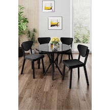 Canisa Agnes Serisi 90x90 Yuvarlak Siyah Mermer Desen Masa Takımı Ve 4 Siyah Sandalye Masa Siyah Mermer Desen Sandalye Siyah