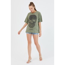 Kadın Parça Boya Baskılı Oversize Basic T-shirt Haki