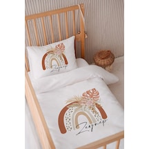 %100 Pamuk Saten Isme Özel Isimli 100x150 Bebek Yatak Nevresim Seti Çiçekli Güllü Gökkuşağı