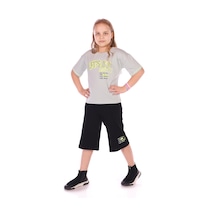 Toontoy Kids Toontoy Kız Çocuk 2'li Takım Baskılı Bisiklet Yaka T-shirt & Beli Lastikli Kapri Şort Gri