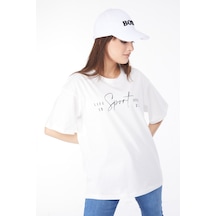 Düz Bisiklet Yaka Kadın Beyaz Kısa Kollu Baskılı T-shirt - 24649 001