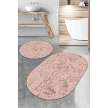 Pembe Mermer Görünümlü Oval Banyo Klozet Paspas Seti Bs064n11