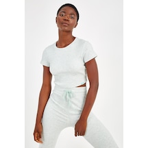 Maraton Sportswear Slimfit Kadın Bisiklet Yaka Kısa Kol Basic Açık Yeşil Crop Top 18997 Açik Yeşil