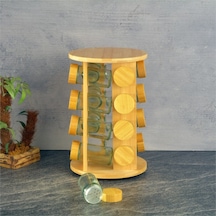 Bambu Standlı Basic Cam Tuzluk - 16 Lı Tuzluk Biberlik Baharatlık Yuvarlak 125 Ml. Şeffaf