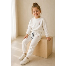 Rony Pony Kids Kız Çocuk Krem Çiçek Nakışlı Pamuklu 2 İplik Sweatshirt Ve Lastik Paçalı Eşofman Takımı Beyaz