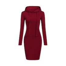 Şarap Kırmızısı Kadın Modası İnce Kapşonlu Uzun Kollu Katı Kalem Kapüşonlu Elbise
