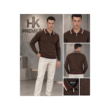 Hk Premium Erkek Fermuarlı Polo Yaka Sepet Dokulu Triko Kazak Kahverengi