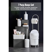7 Parça Beyaz Banyo Seti Metal Stantlı Kovalı Wc Kağıtlık Kozmetik Kutusu Diş Fırçalık Ve Sabunlukla