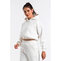 Startmore Caya Kadın Ekru Renk Kapüşonlu Crop Kesim Sweatshirt Cy84196 Beyaz Beyaz