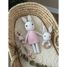 Amigurumi Beyaz Tavşanlı Uyku Arkadaşı Çıngırak Emzik Zinciri Set Organik Oyuncak Pembe