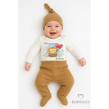 Babyden's Dayısının Aslanı Baskılı 3 Lü Bebek Takımı %100 Pamuklu Şapkalı Set Uzun Kol Çıtçıtlı Zıbın Şapka Açık Kahverengi