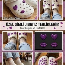 Temungur Mor Simli Kalp & Dudak Jibbitz Charm 4 Lü Set Terlik Süsü, Parlak Glitter Terlik Aksesuarı Çok Renkli