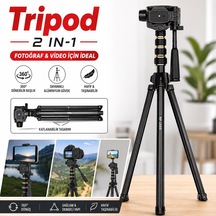 Samsung A56 Uyumlu 2'si 1 Arada Telefon & Kamera Tripodu 360 Döner Başlıklı Katlanabilir Taşınabilir Tripod