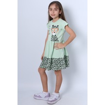 Kız Çocuk Elbise Fırfırlı Kedicik Baskılı C13 Yeşil