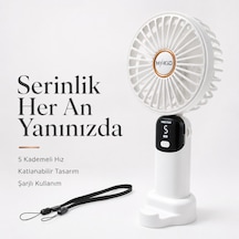 Mkio Şarjlı El Vantilatörü 5 Kademeli, Katlanabilir Dijital Ekranlı Mini El Fanı, 1200 Mah, 5 Pervaneli Güçlü Hava Akışı, Standlı Masaüstü Fan, Usb Şarjlı -beyaz