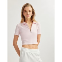 Koton Viskon Kumaş Karışımlı Pötikare Fermuarlı Kısa Kollu Crop Polo Yaka Tişört Pembe Çizgili 5sak50007ek Pembe Çizgili Pembe