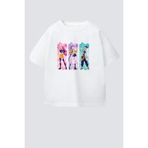 Monila Kız Çocuk Pamuklu Bisiklet Yaka Huntrix Baskılı T-shirt Ekru
