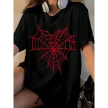 Kadın Örümcek Ağ Baskılı T-shirt Kısa Kol Bisiklet Yaka Oversize Tişört - Siyah