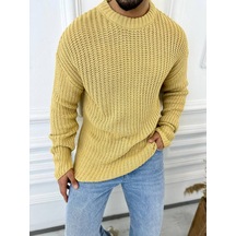 Kazak Oversize Çift Kat Zincir Örgü Naturel Pamuk Bol Kesim Tüylenmez Triko Kazak Hardal