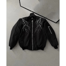 Unisex Siyah Bomber Mont - Beyaz Şimşek Desenli, Fermuarlı Cepli, Kapitone Astarlı Sokak Stili Günlük Ceket - Siyah Siyah Unisex Siyah Bomber Mont - Beyaz Şimşek Desenli, Fermuarlı Cepli, Kapitone Astarlı Sokak Stili Günlük Ceket - Siyah Siyah