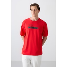 Tommy Life Fiesta Pamuklu Kalın Yumuşak Dokulu Oversize Fit Baskılı Erkek T-shirt - 88334 Kirmizi