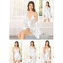 Alissa Kadın Ekru Saten Çeyiz Seti 6 Parça Dantelli Sabahlık Gecelik Pijama Şortlu Takım Ekru