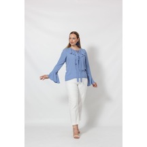 Moda Berray 3241-5i İndigo İspanyol Kol Boyun Bağlama Detaylı Bluz İndigo
