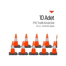 10 Adet Pvc Trafik Konisi 50 Cm Reflektifli Ağırlıklı Trafik Dubası Seti-3549