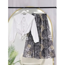 Lovie Moda Kadın Beyaz Fisto Gömlek Beli Lastikli Desenli Şifon Etek Takım - Siyah Lovie Moda Kadın Beyaz Fisto Gömlek Beli Lastikli Desenli Şifon Etek Takım - Siyah