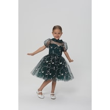 Miço Kids Çiçekli Nakışlı Prenses Kız Çocuk Abiye Elbise Yeşil