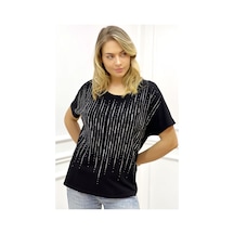 Rich Glam Bol Kesim Bisiklet Yaka Büyük Beden Crystal Taşlı Kadın T-shirt Siyah