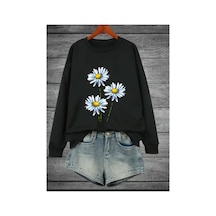 Medinenur Papatya Baskılı Bisiklet Yaka Sweatshirt Siyah