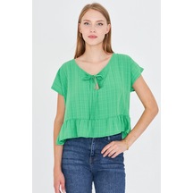 Armonika Kadın Açık Yeşil Yarasa Kol Yakası Bağlamalı Eteği Fırfırlı Oversize Crop Bluz Arm-24y001088