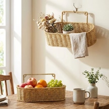2 Li Duvar Askılı Plastik Rattan Organizer Oval Hasır Görünümlü Mutfak Raf Sepeti, Banyo Ve Ev İçi Düzen Renkli