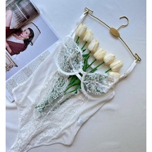 Beyaz Dantelli Balenli Bodysuit - Fantezi İç Giyim Beyaz