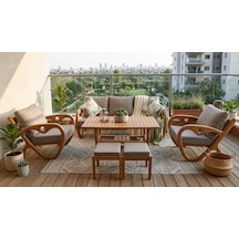Gardenlove Bahçe Balkon Koltuk Masif Ahşap Kestane Ağacı 3+1+1 Koltuk, Masa Ve Puf Takımı Bej