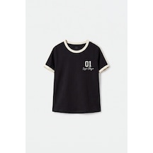 Siyah Omuz Biye Detaylı Baskılı Kız Çocuk T-shirt - 75181