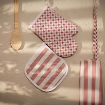 Soft Riga Fırın Eldiveni Ve Tutaç Set - Pembe / Ekru - 17x28 Cm + 20x20 Cm Renkli