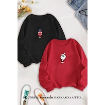 Macklin Sevgili Çift Kombin Spiderman Hello Kitty Yeni Yıl Baskılı Bisiklet Yaka Sweatshirt 2li Set Takım Siyah Kırmızı Mck1579 Çok Renkli