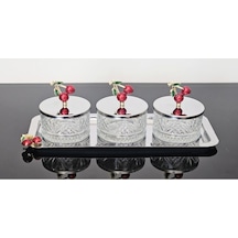 Atabey Home Collection 3'lü Kirazli Gümüş Tepsili Kase Seti & Şekerlik & Sunumluk & Çerezlik