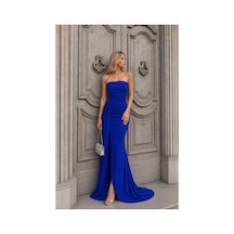 DefyModa Kadın Şık Dik Yaka Payetli Maxi Uzun Kollu Abiye Elbise Saks