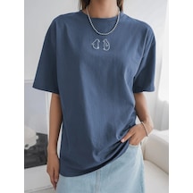 Flood Of Style Kadın Indigo Mavi Penguen Baskılı Oversize T-shirt Lacivert