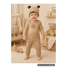 Ferasty İstanbul Erkek Bebek 3'lü Takım Aslan Desenli Body Pantolon Bere Bej