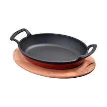 Lava Döküm Oval Kulplu Tava ve Ahşap Altlıklı. Ölçü 23x17cm. - Kı