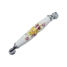 Beyaz Porselen Kulp Krom Ayak Sarı Çiçekli 128 Mm / 5 Adet Antik