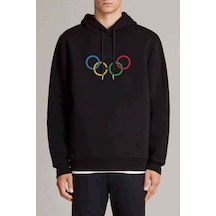 Olumpiyat Baskılı Siyah Erkek Kapşonlu Sweatshirt