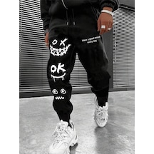 Cartoon & Slogan Graphic Drawstring Waist Eşofman Altı Siyah