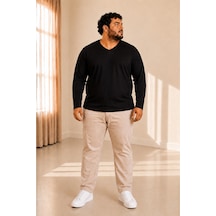 Sngl Tekstil Erkek Büyük Beden Oversize Uzun Kollu V Yaka T-shirt 3xl 4xl 5xl 6xl 7xl 8xl 9xl Siyah